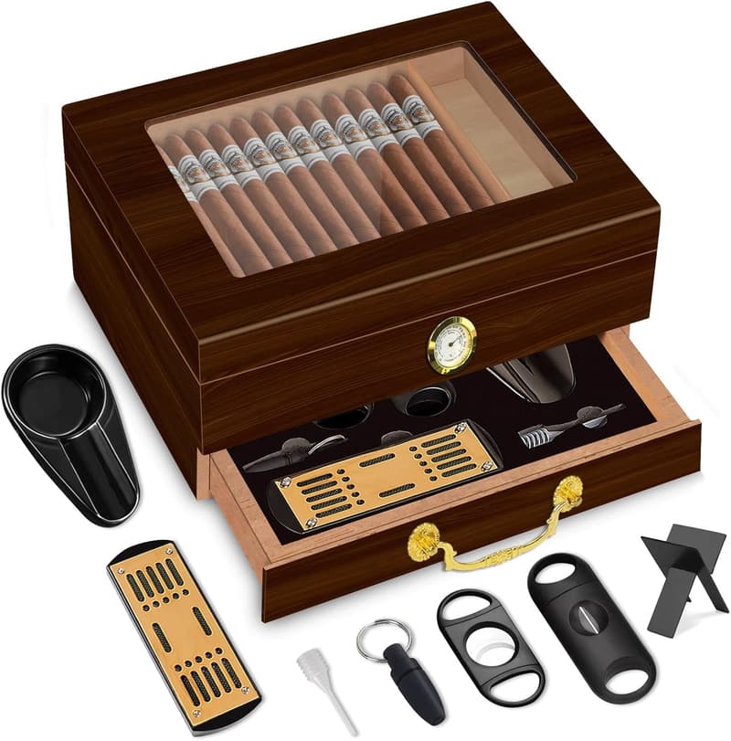 Cedar Cigar Humidor with Accessories - Desktop Storage for Men
