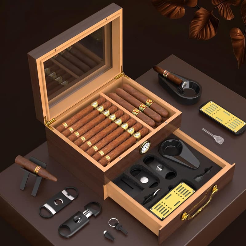 Cedar Cigar Humidor with Accessories - Desktop Storage for Men