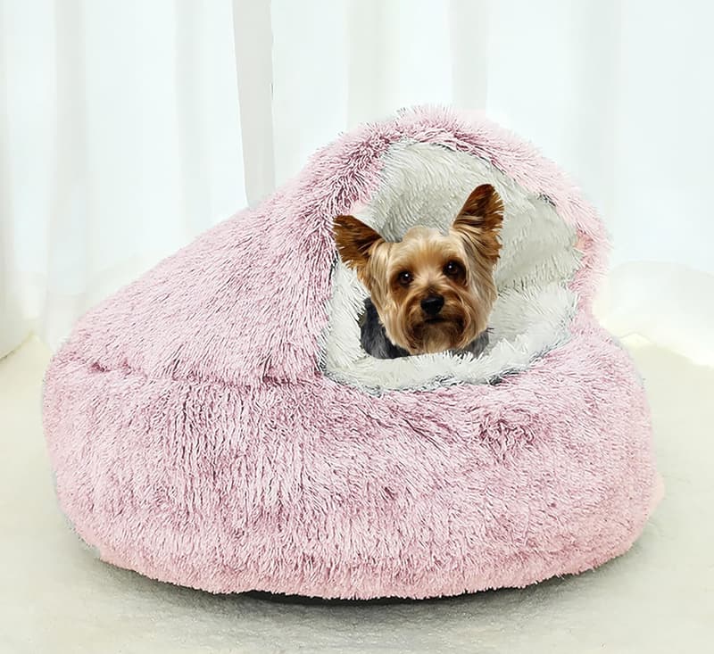 Cozy Pink Dog Cave Bed for Small Pets - Anti-Anxiety Plush