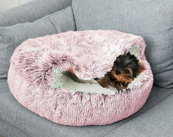 Cozy Pink Dog Cave Bed for Small Pets - Anti-Anxiety Plush