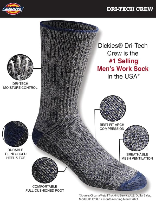 Dickies Men's Dri-Tech Moisture Control Crew Socks (6-18 Pairs)