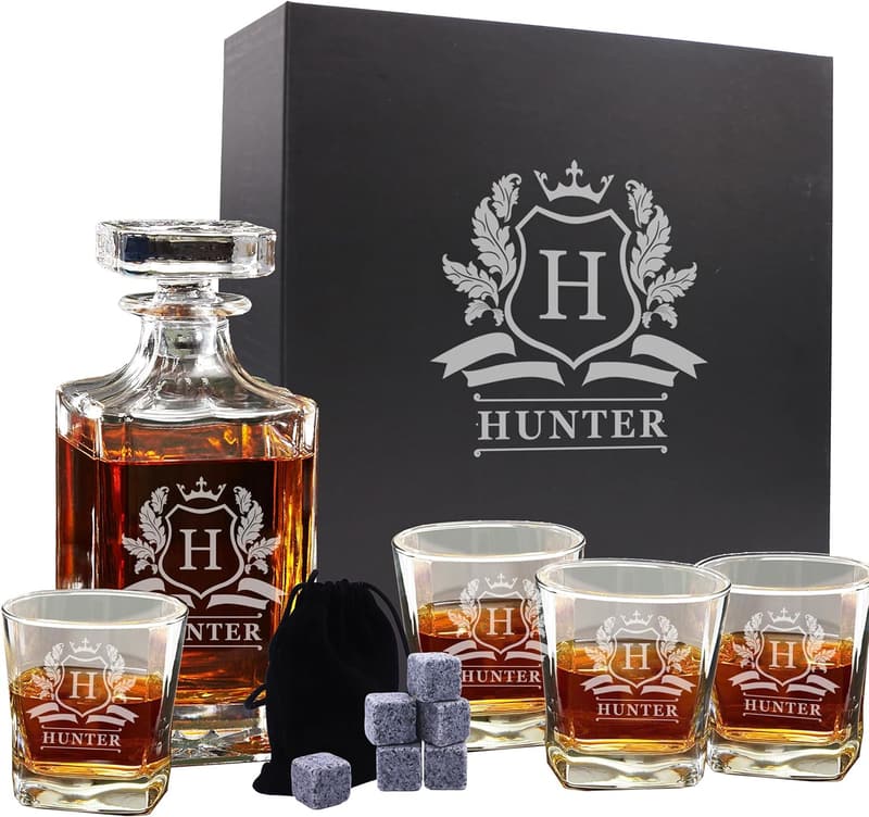 Personalized Whiskey Decanter Set with 4 Glasses for Groomsmen