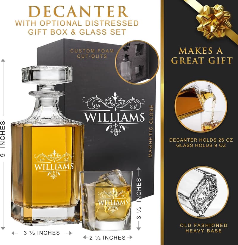 Personalized Whiskey Decanter Set with 4 Glasses for Groomsmen
