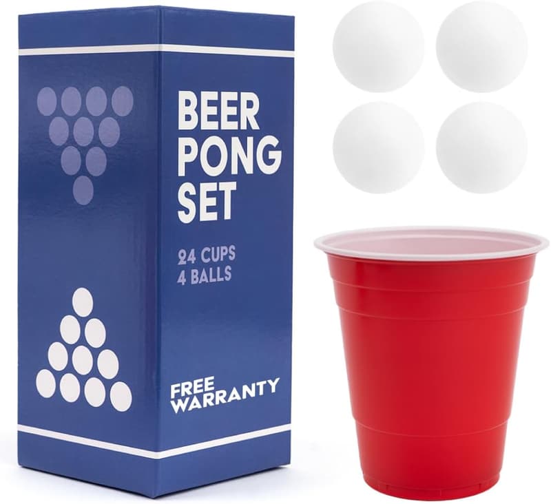 Beer Pong Set - Complete with 24 Cups & 4 Balls, Reusable