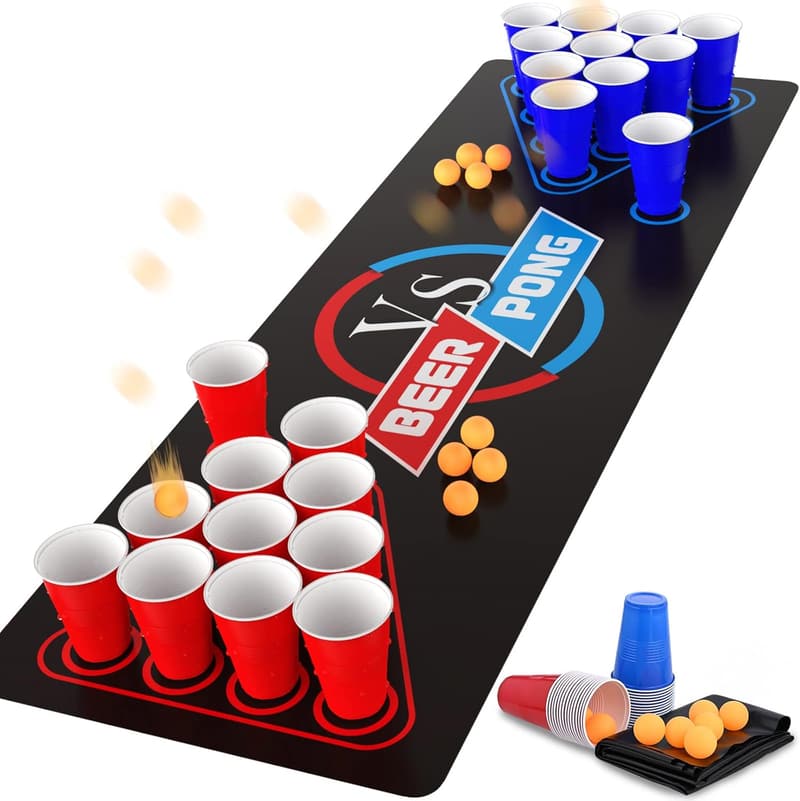 Beer Pong Table Mat with 8 Balls & 30 Cups for Adult Parties
