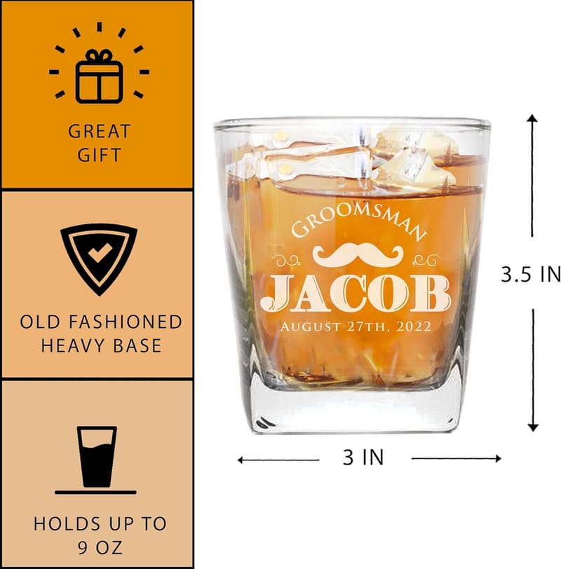 Custom Engraved Whiskey Glasses for Groomsmen - 9 oz