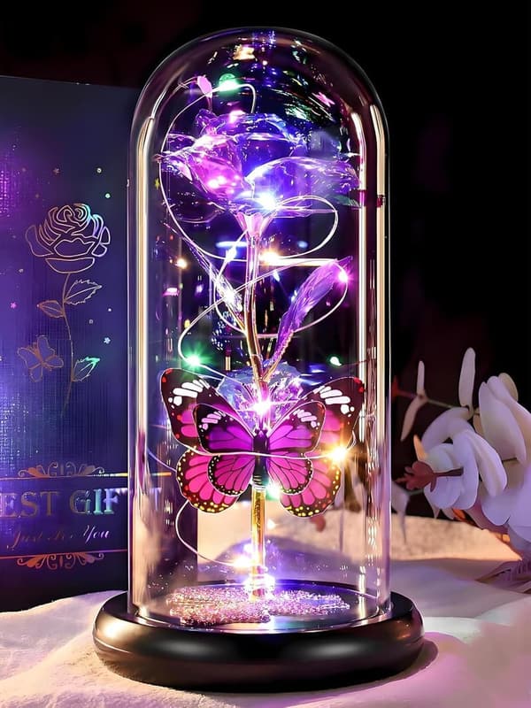Light-Up Purple Rose in Glass Dome - Gifts for Women