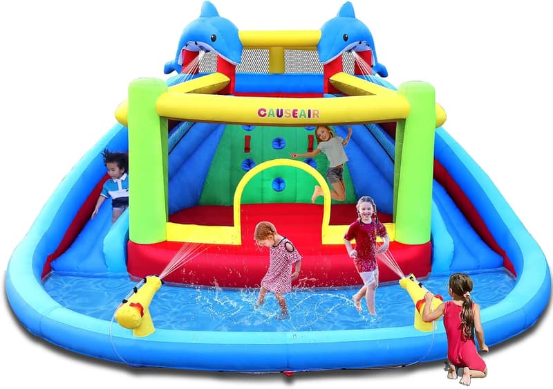 Kids Inflatable Dolphin Bounce House with Double Slide & Water Pool