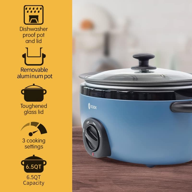 6.5 Quart Blue Slow Cooker with Sear/Sauté, Dishwasher Safe