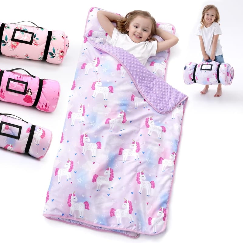 Toddler Nap Mat & Pillow Set for Preschool Kids - Thick Roll-Up Blanket