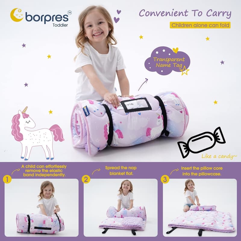 Toddler Nap Mat & Pillow Set for Preschool Kids - Thick Roll-Up Blanket