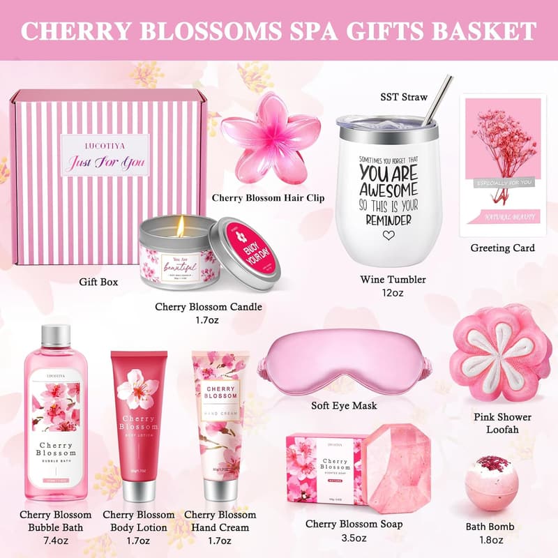 Spa Gift Set for Women - 10-Piece Cherry Blossoms Self-Care
