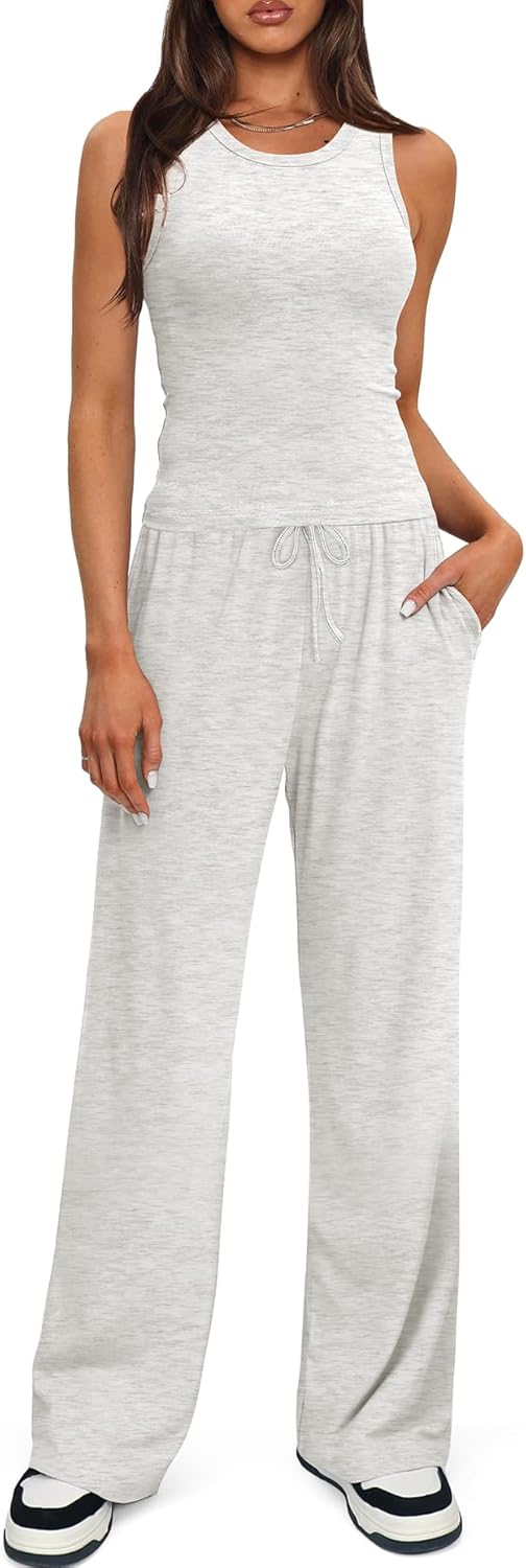 Women's 2 Piece Sleeveless Lounge Set with Wide Leg Pants