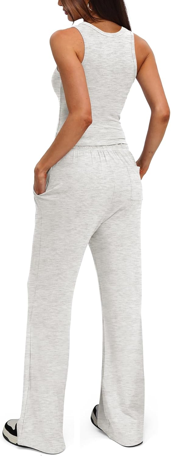 Women's 2 Piece Sleeveless Lounge Set with Wide Leg Pants