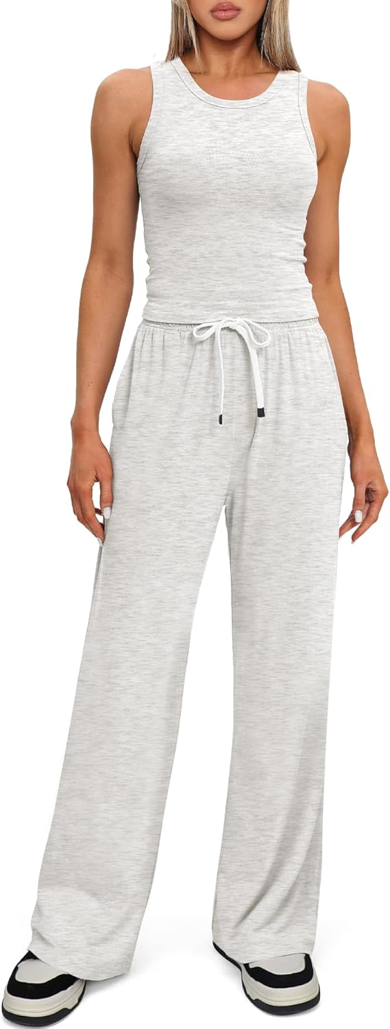 Women's 2 Piece Sleeveless Lounge Set with Wide Leg Pants