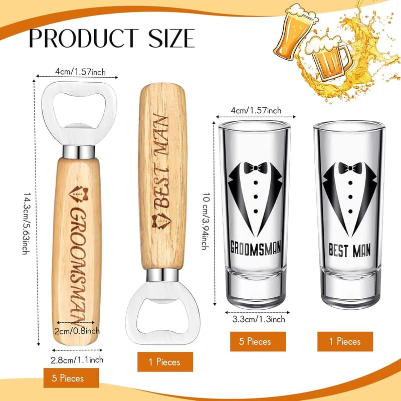 Groomsmen Proposal Set: 6 Shot Glasses & Bottle Openers