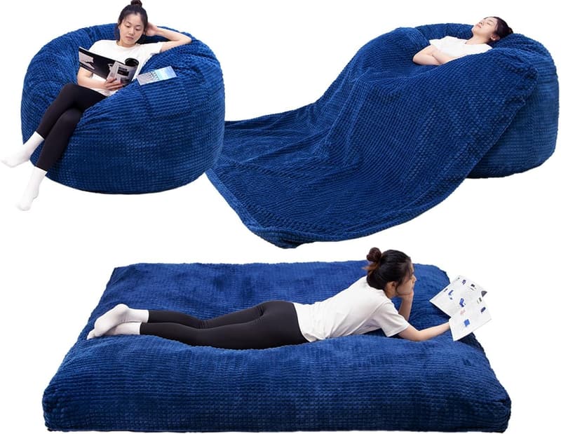 Transformable Giant Bean Bag Chair/Bed in Washable Plush Velvet (Blue)