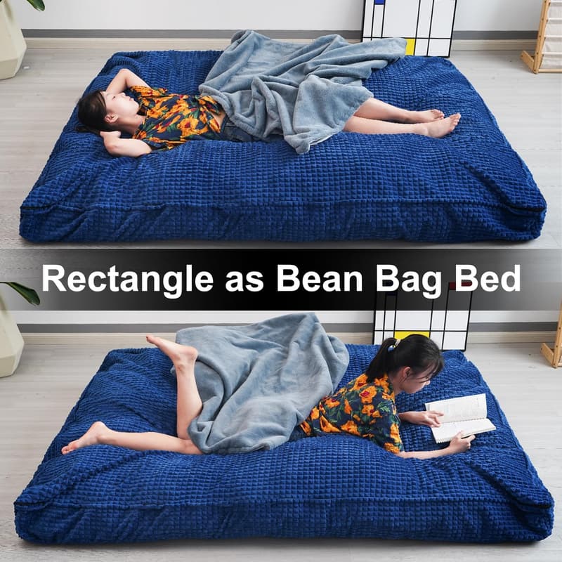 Transformable Giant Bean Bag Chair/Bed in Washable Plush Velvet (Blue)