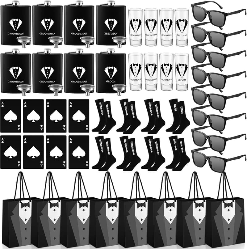 Groomsmen Gift Set - 48 Pcs with Flasks, Shot Glasses, & Accessories