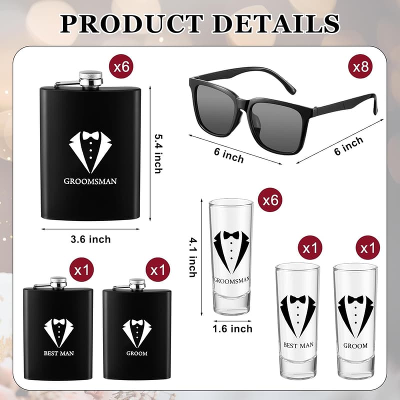 Groomsmen Gift Set - 48 Pcs with Flasks, Shot Glasses, & Accessories