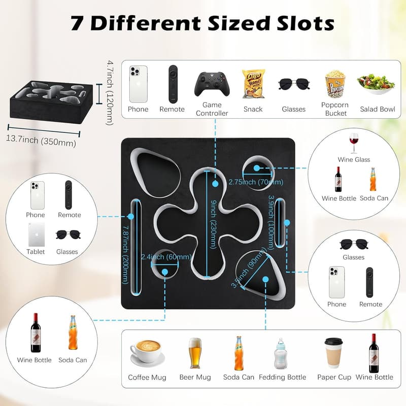 Couch Cup Holder Organizer with 7 Slots for Drinks & Remotes