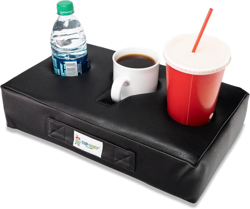 Cup Cozy Pillow - Black Faux Leather Drink Holder for Any Occasion