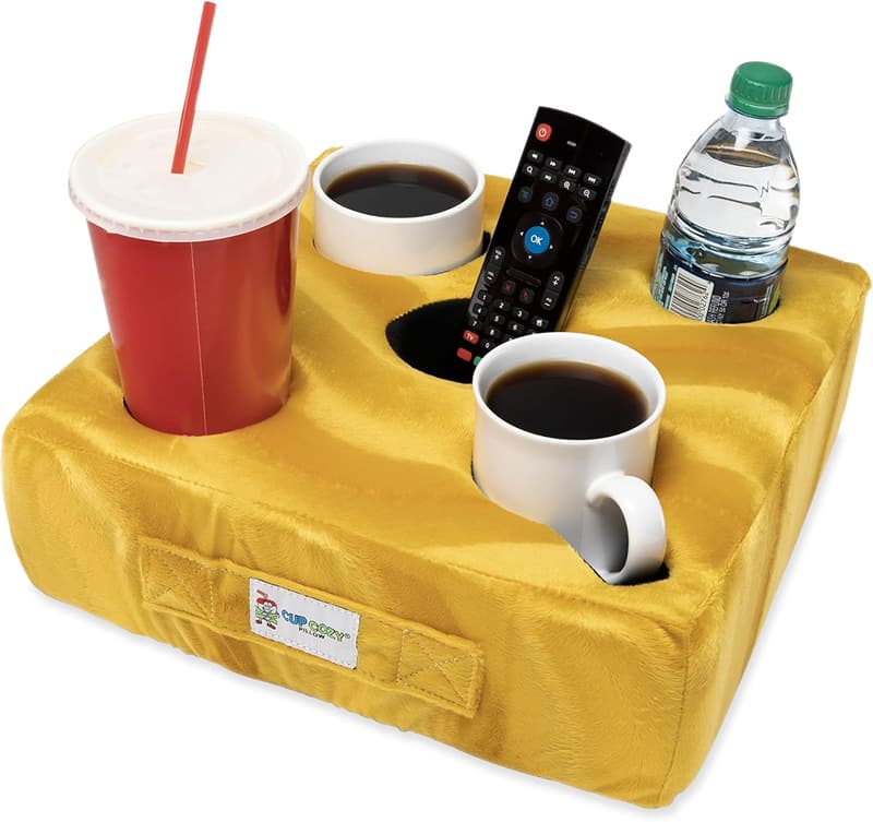 Deluxe Yellow Cup Cozy Pillow – Ultimate Spill-Proof Drink Holder