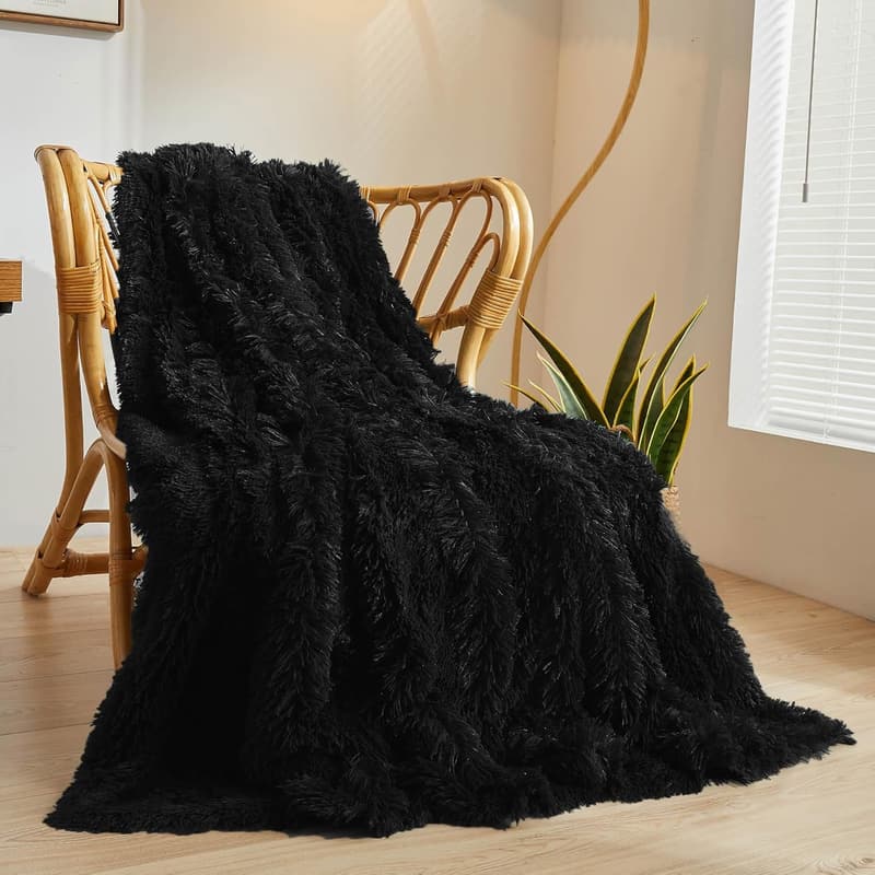 Black Faux Fur Throw Blanket - 50x60 Soft Shaggy Couch Accessory