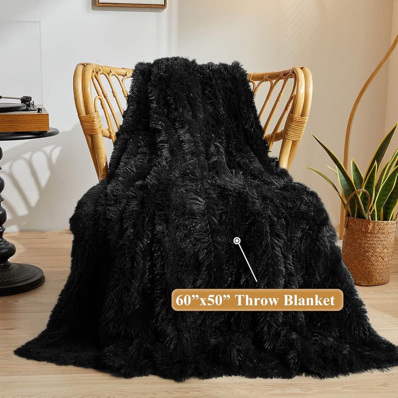 Black Faux Fur Throw Blanket - 50x60 Soft Shaggy Couch Accessory