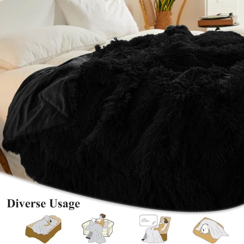 Black Faux Fur Throw Blanket - 50x60 Soft Shaggy Couch Accessory