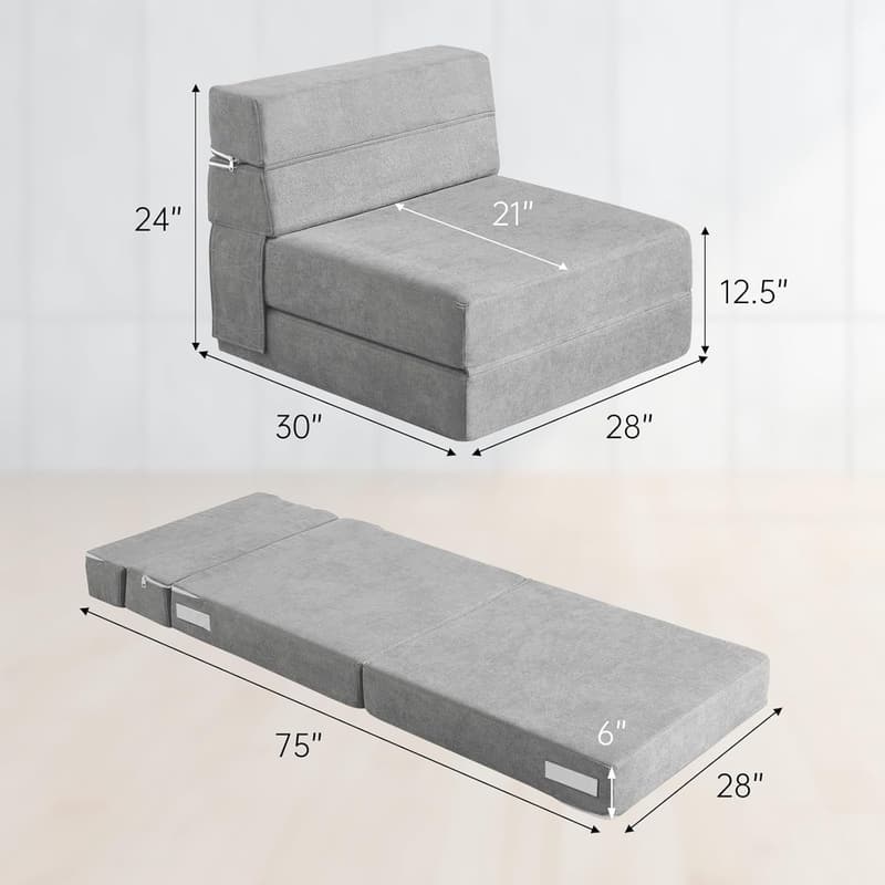 Light Gray Memory Foam Folding Sofa Bed with Pillow