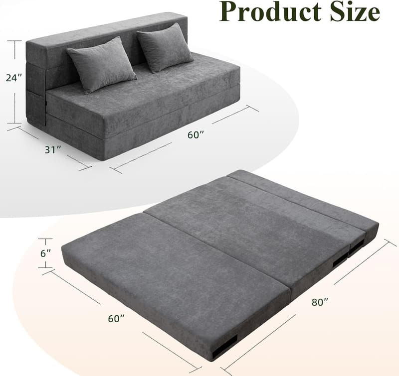 Convertible Folding Sofa Bed - Grey Sleeper Chair with Pillow