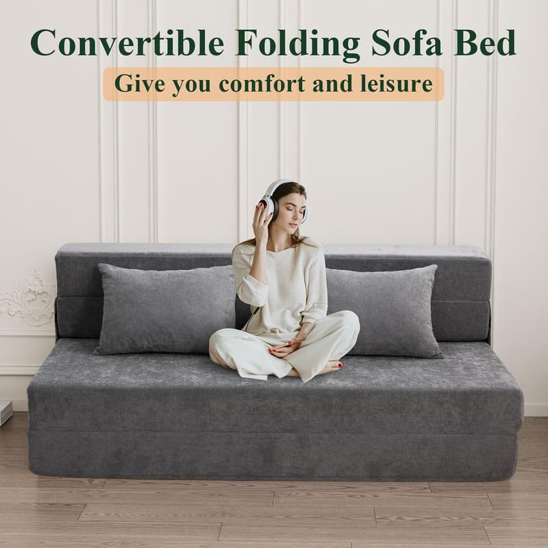 Convertible Folding Sofa Bed - Grey Sleeper Chair with Pillow