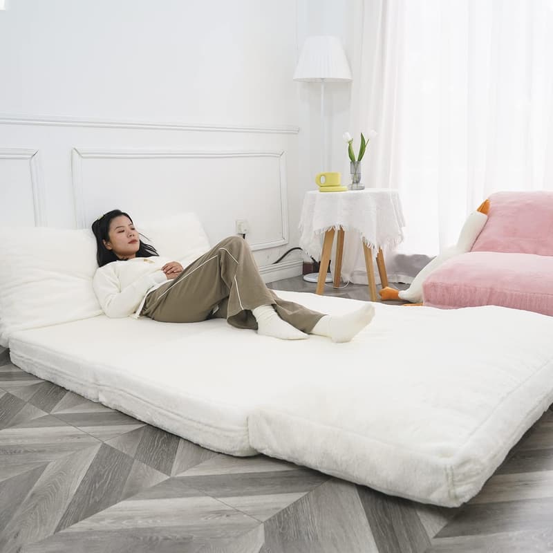 Folding Mattress Sofa with Removable Faux Fur Cover (Medium, White)