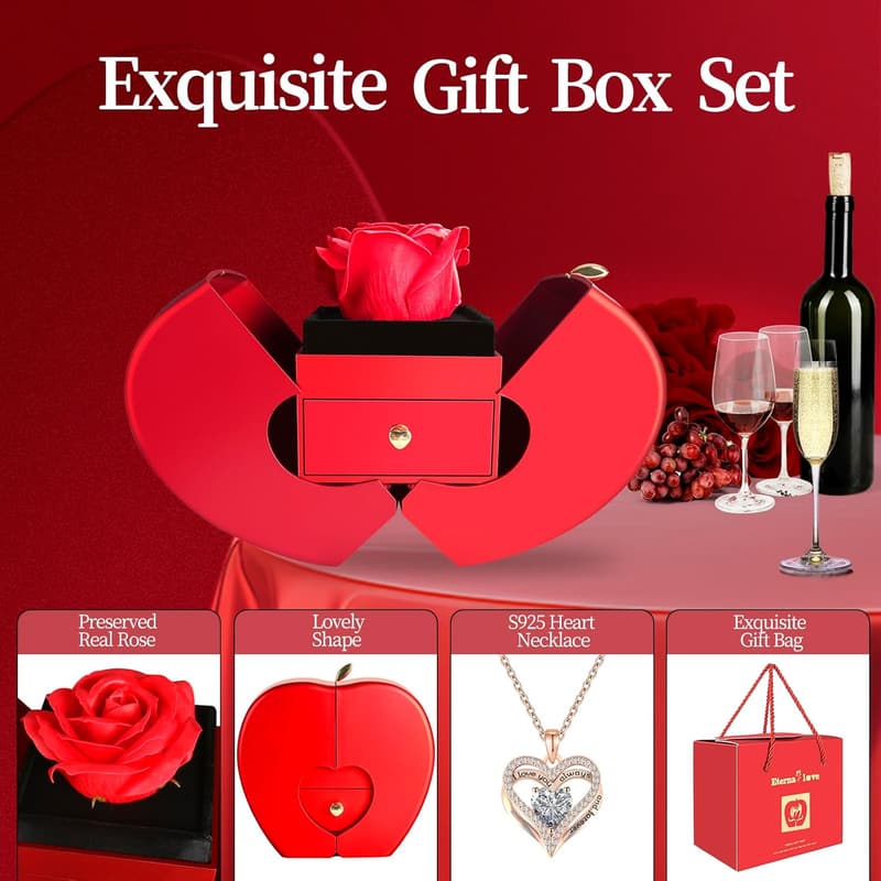 Red Rose Preserved Flower Necklace for Women