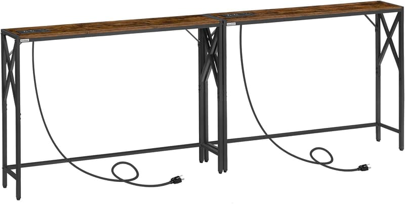 Narrow Console Table with Charging Station - Rustic Brown