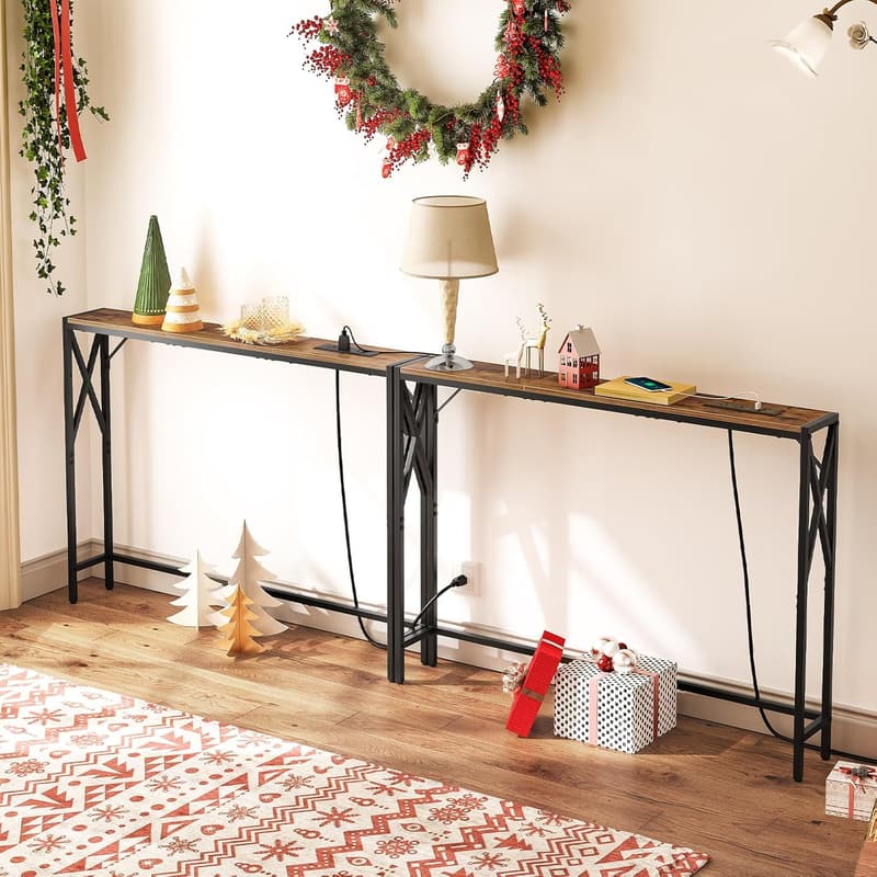 Narrow Console Table with Charging Station - Rustic Brown