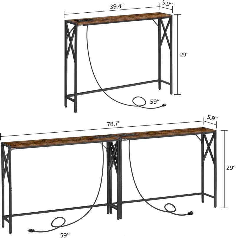 Narrow Console Table with Charging Station - Rustic Brown