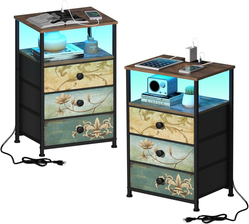 Nightstand with USB Charging Station & LED Light, 3 Drawers