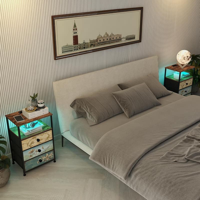 Nightstand with USB Charging Station & LED Light, 3 Drawers