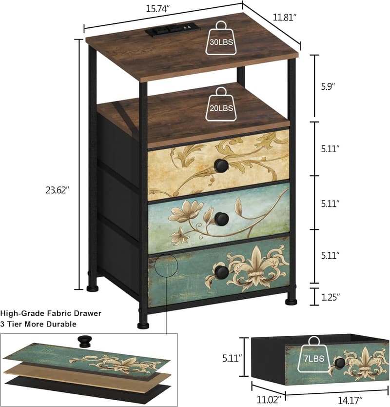 Nightstand with USB Charging Station & LED Light, 3 Drawers