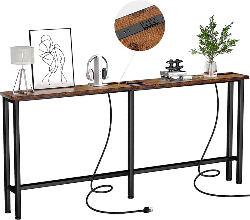 Rustic Brown Narrow Console Table with 2 Power Outlets & 4 USB Ports