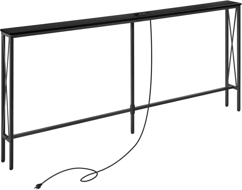 Narrow Black Sofa Table with Power Outlets and Extension Cord