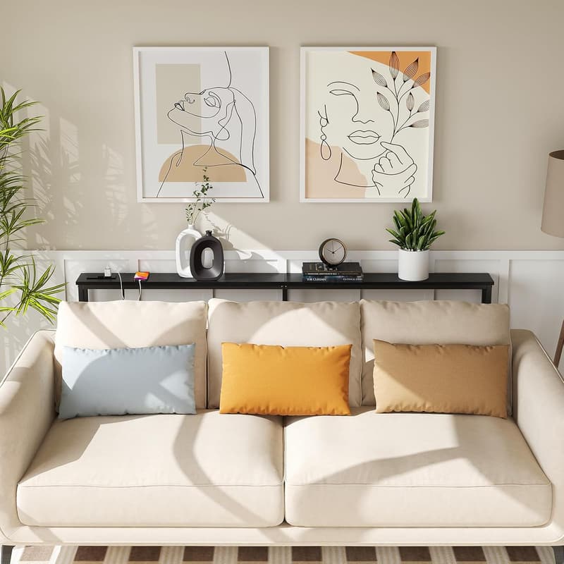 Narrow Black Sofa Table with Power Outlets and Extension Cord