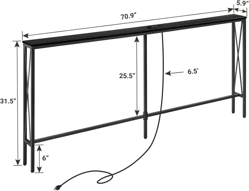 Narrow Black Sofa Table with Power Outlets and Extension Cord