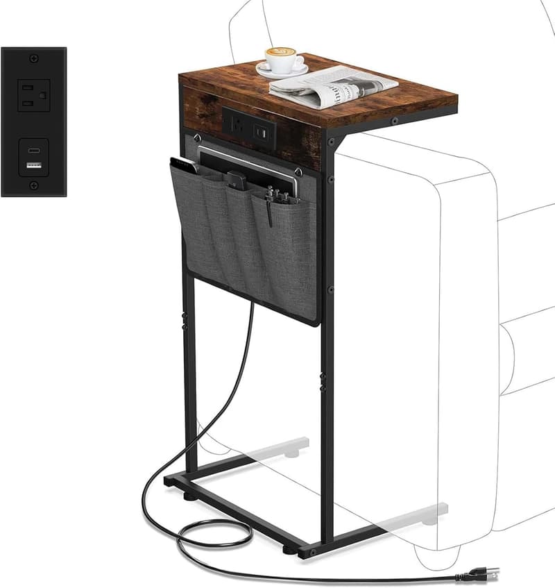 Rustic C-Shaped End Table with Charging Station and Storage