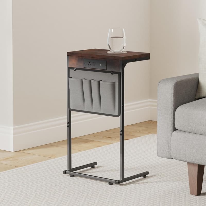 Rustic C-Shaped End Table with Charging Station and Storage