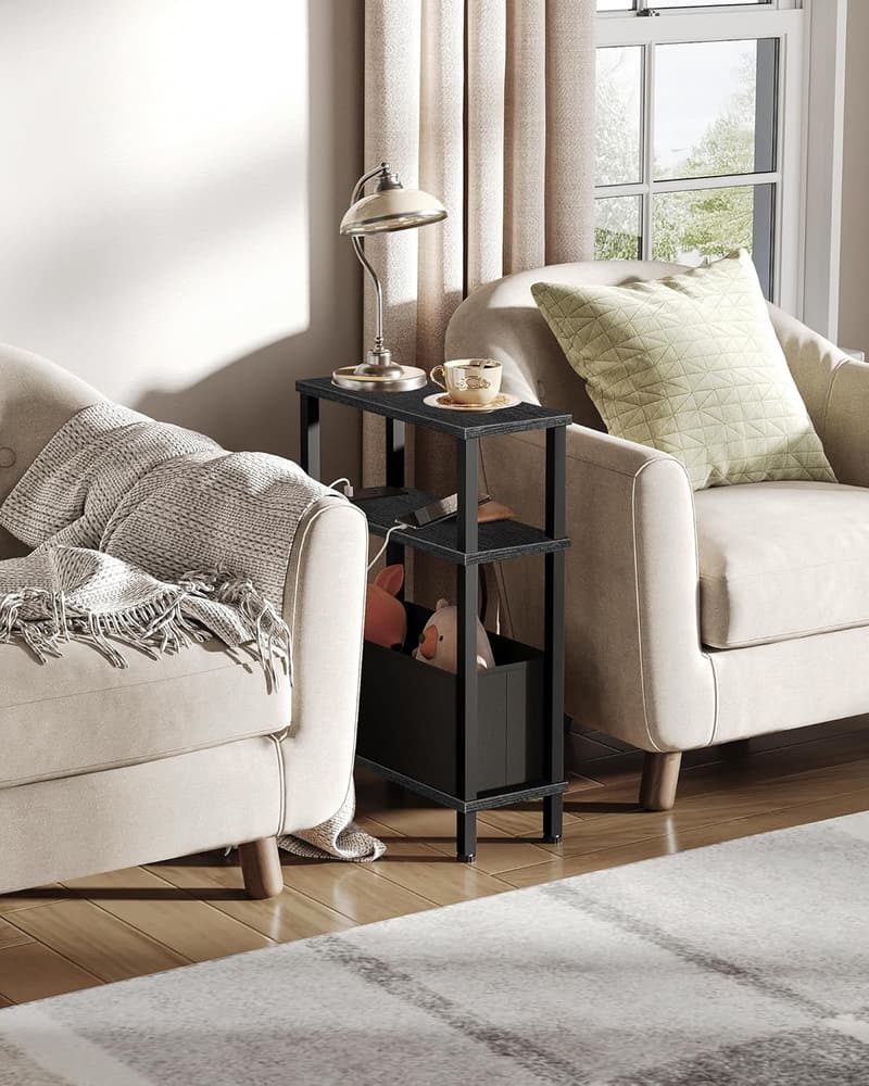Slim Black Nightstand with Charging Station & Fabric Basket