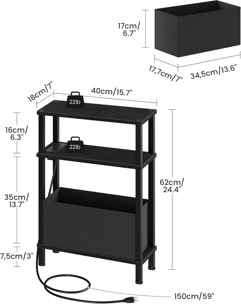 Slim Black Nightstand with Charging Station & Fabric Basket