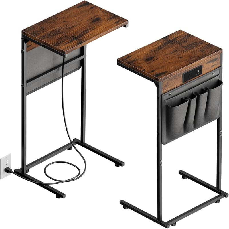 Rustic Brown C-Shaped End Table Set with Charging Station